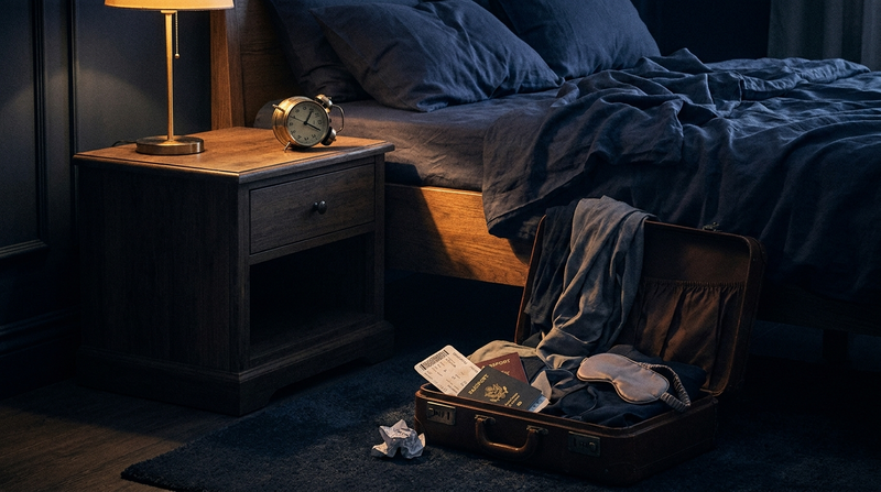 Knocked-over alarm clock, tangled sheets, and a half-open suitcase at night — how to fix your sleep schedule after chaos