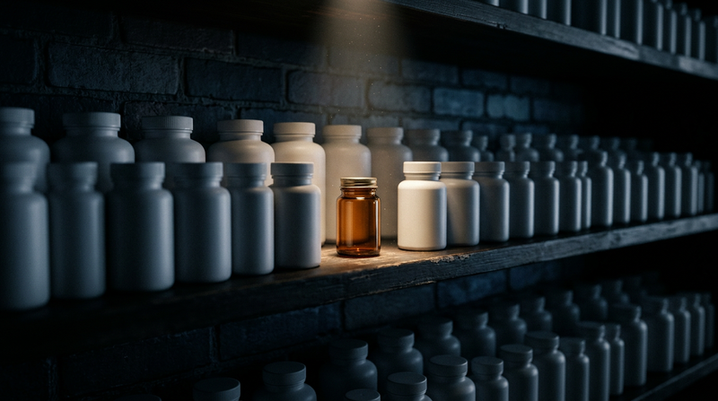 Crowded shelf of generic supplement bottles in shadow with one amber jar spotlit — how to choose sleep supplements that actually work