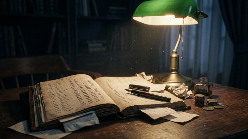 A ledger of tally marks and a short stack of coins on a dark desk, illustrating sleep debt