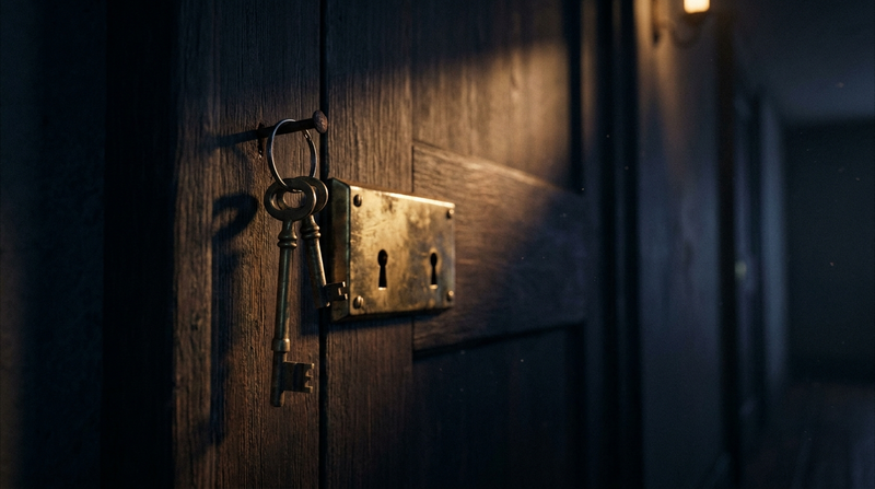 Two brass keys beside an antique double-keyhole lock plate at night, illustrating how CBD and magnesium work together as a pair