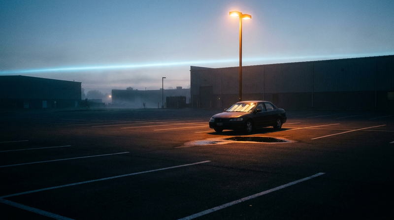 Empty employee parking lot at dawn with one car remaining, illustrating how to sleep after a night shift when your day ends at sunrise