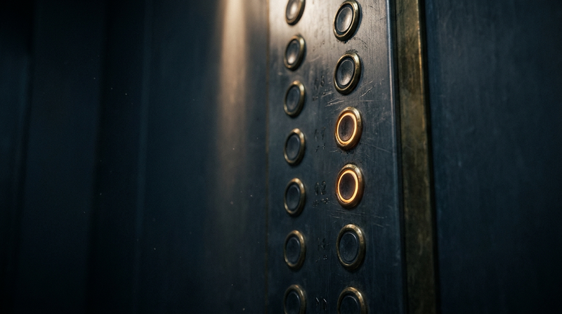 Dimly lit brass elevator control panel at night with two buttons glowing amber, illustrating the CBD gummies vs oil decision