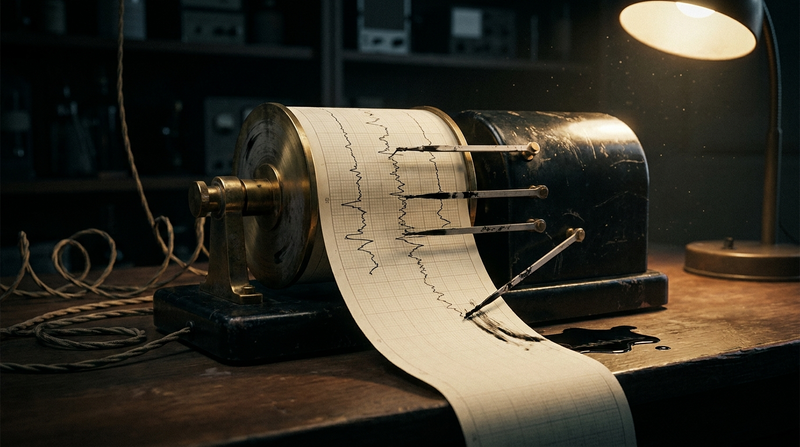 Antique chart recorder tracing confident jagged ink lines at night, a metaphor for sleep tracker accuracy