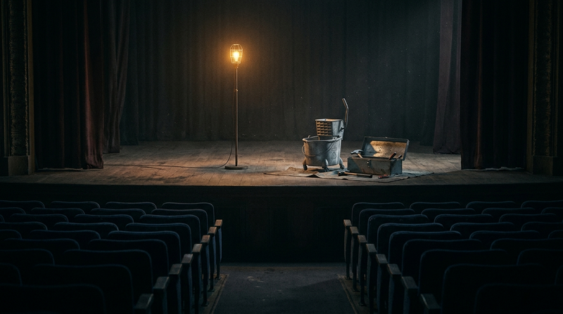 A dark empty theatre lit by a single ghost light on stage, a visual metaphor for deep sleep vs. REM sleep working different shifts through the night