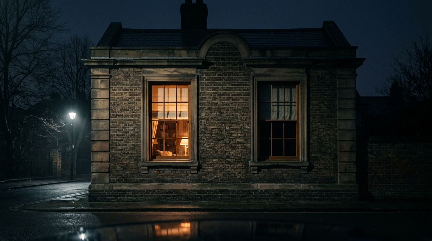 A brick townhouse at night with two upstairs windows side by side, one lit warm and one dark, illustrating a sleep divorce