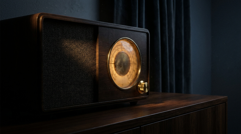 Vintage tube radio glowing amber in a dark room at night, tuned between stations — white noise vs pink noise vs brown noise for sleep