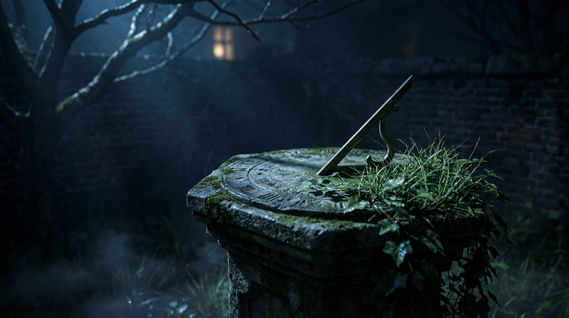 A weathered stone sundial in a dark garden at night, a visual metaphor for your sleep chronotype running on its own schedule