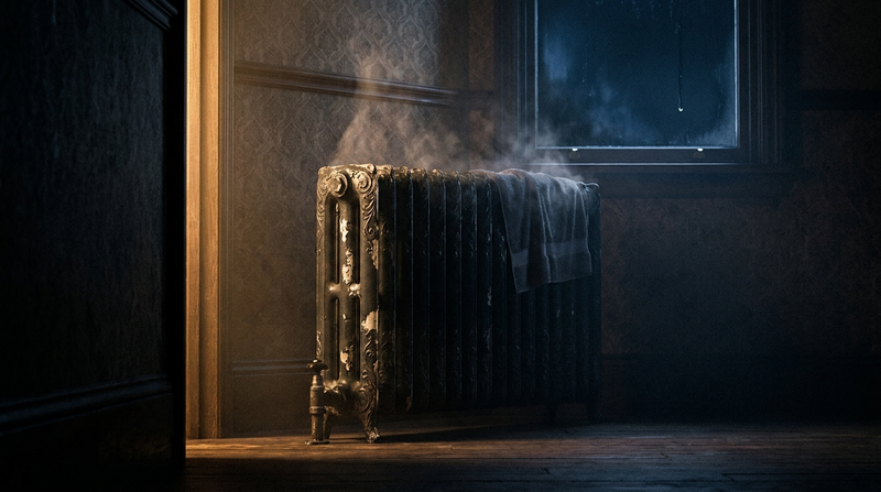 Antique cast-iron radiator still radiating heat in a dark hallway at night, a visual metaphor for a body still hot after exercise before bed