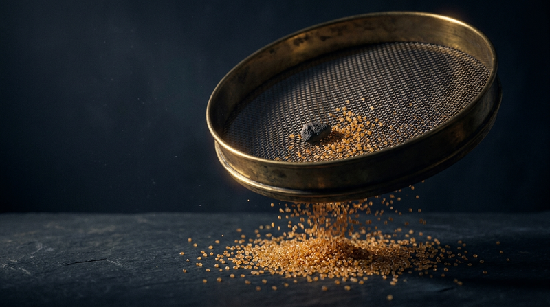 Antique brass sieve at night with amber grains falling through the mesh and one dark pebble caught on top, illustrating whether CBD shows up on a drug test