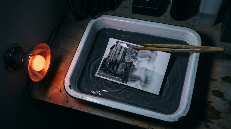 A half-developed photograph surfacing in a darkroom tray under a red safelight, illustrating how a CBD certificate of analysis reveals what is actually in a product