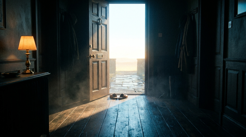 An open front door at dawn flooding a dark hallway with daylight, illustrating morning sunlight and sleep