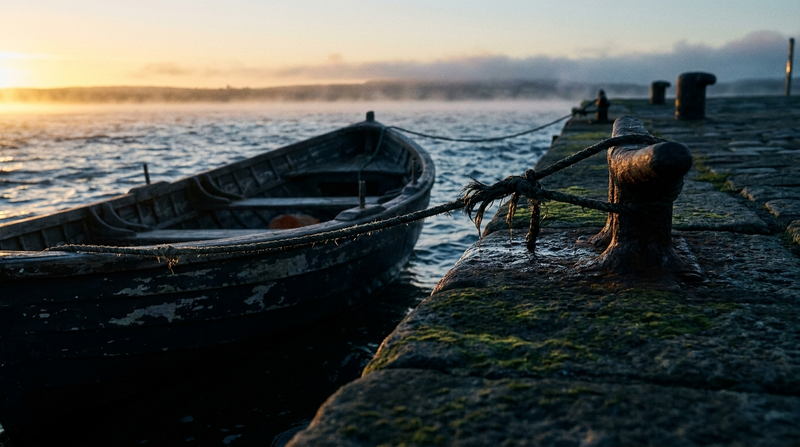 A rowboat still moored to a dock at sunrise, illustrating the question does CBD make you tired the next day