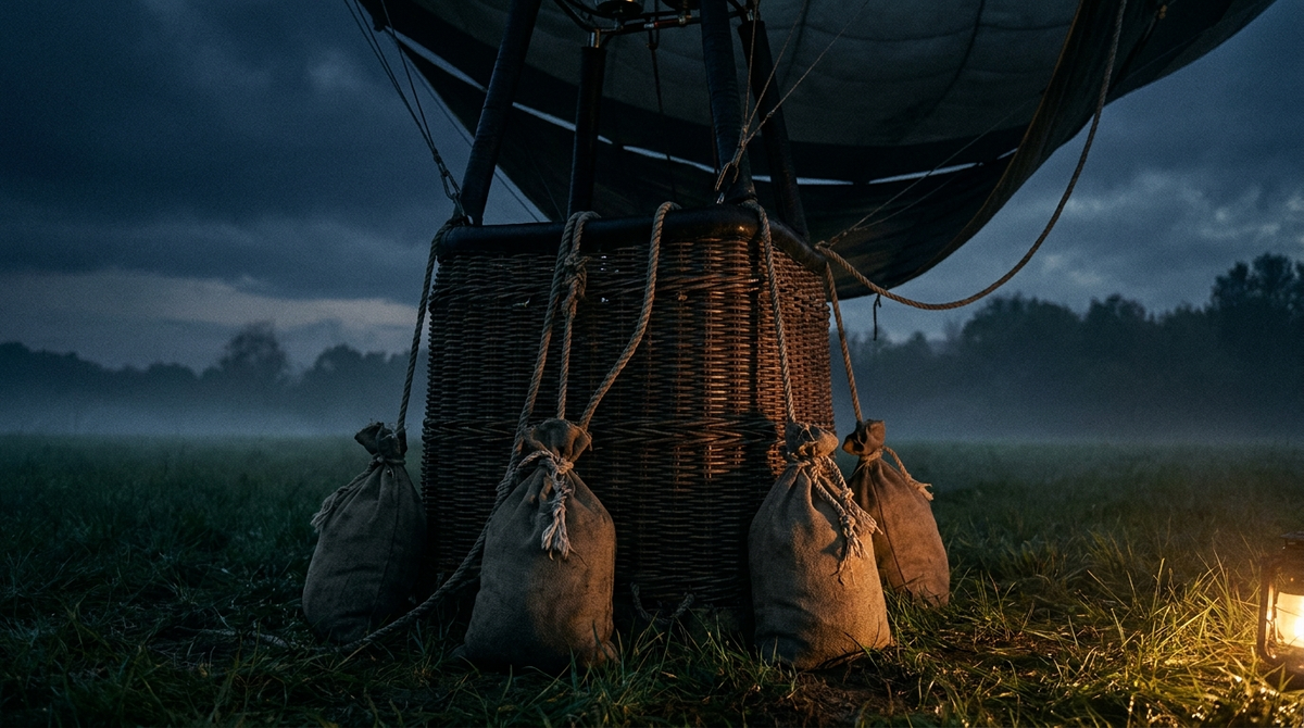 Weighted blanket concept: a hot-air balloon basket held down by heavy canvas ballast sandbags at night while the envelope above still strains against its ropes