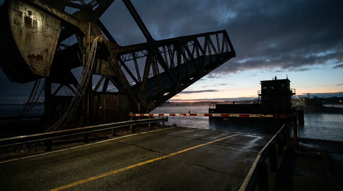 A steel drawbridge stuck half-raised over a dark canal at first light, illustrating why hitting snooze leaves you between asleep and awake