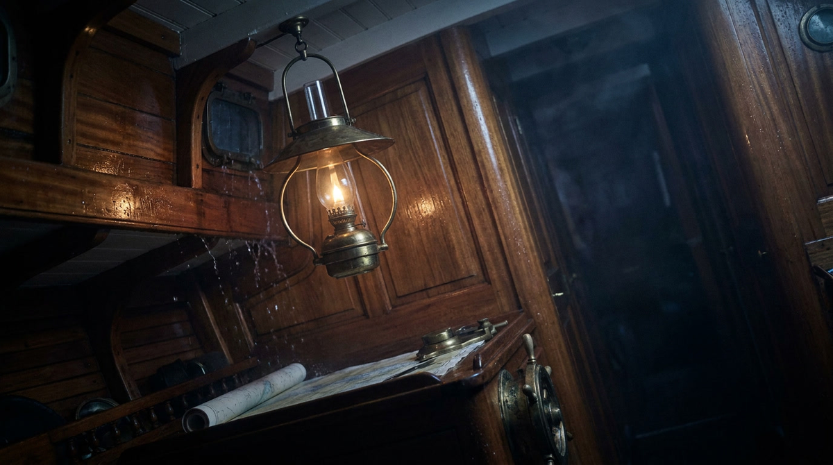A gimbal-mounted oil lamp burning perfectly level inside a tilting ship cabin at night, a visual metaphor for the endocannabinoid system keeping the body in balance