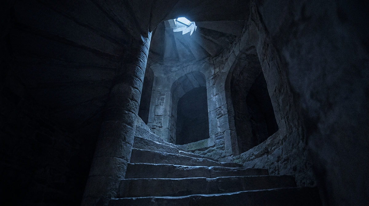 Dark spiral staircase with rising steps symbolizing CBD tolerance and diminishing returns