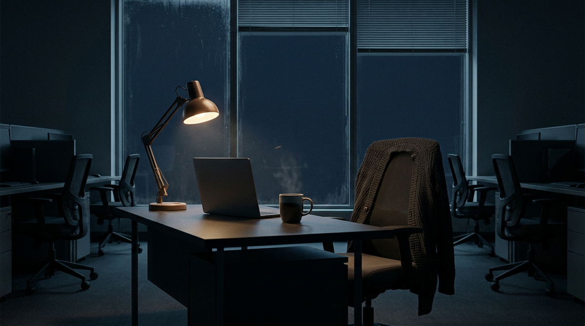 A dark office desk with a lamp lit early against a night-black window, illustrating how daylight saving time and sleep clash when darkness arrives an hour early