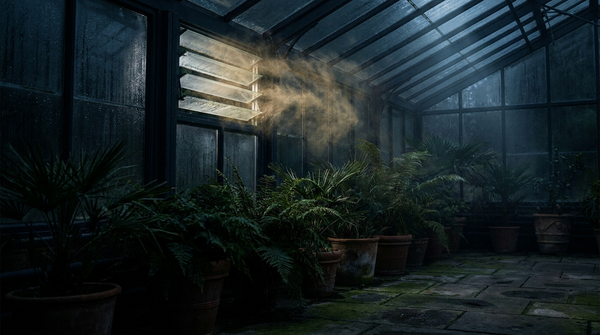 Moonlit greenhouse at night with pollen drifting through a cracked window vent, symbolizing how fall allergies and sleep collide during ragweed season