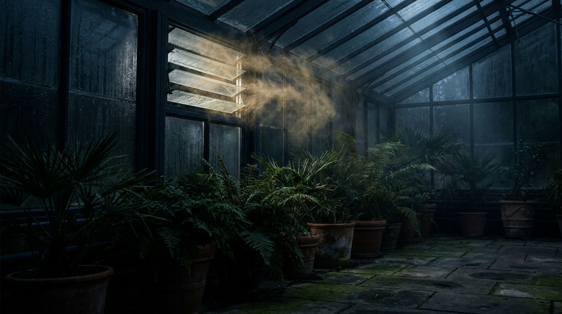 Moonlit greenhouse at night with pollen drifting through a cracked window vent, symbolizing how fall allergies and sleep collide during ragweed season