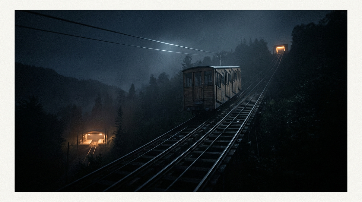 A funicular cable car stopped halfway up a dark mountainside between two lit stations, representing being stuck mid 90-minute sleep cycle