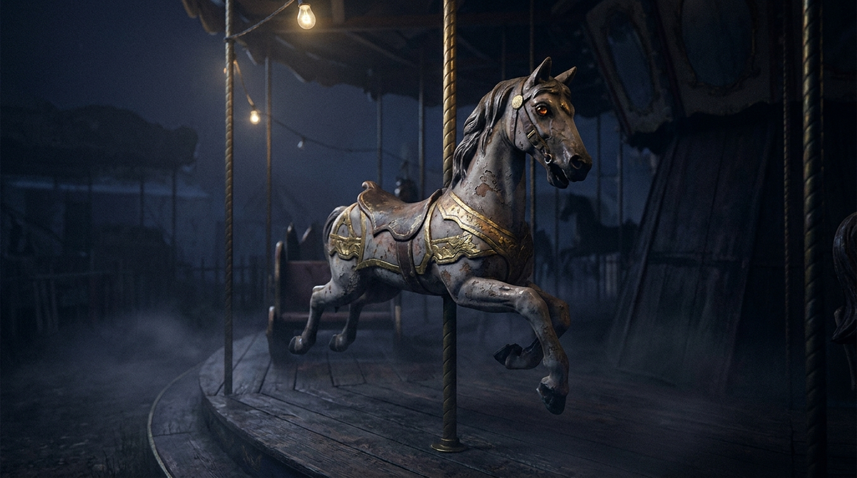 Antique carousel horse in an abandoned fairground at night, a dreamlike image for vivid dreams