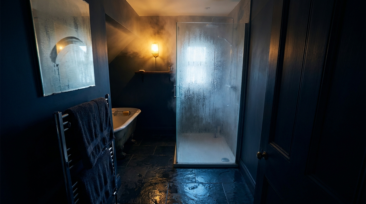 Steamy dark bathroom at night with a fogged glass shower and warm amber light, illustrating a hot shower before bed
