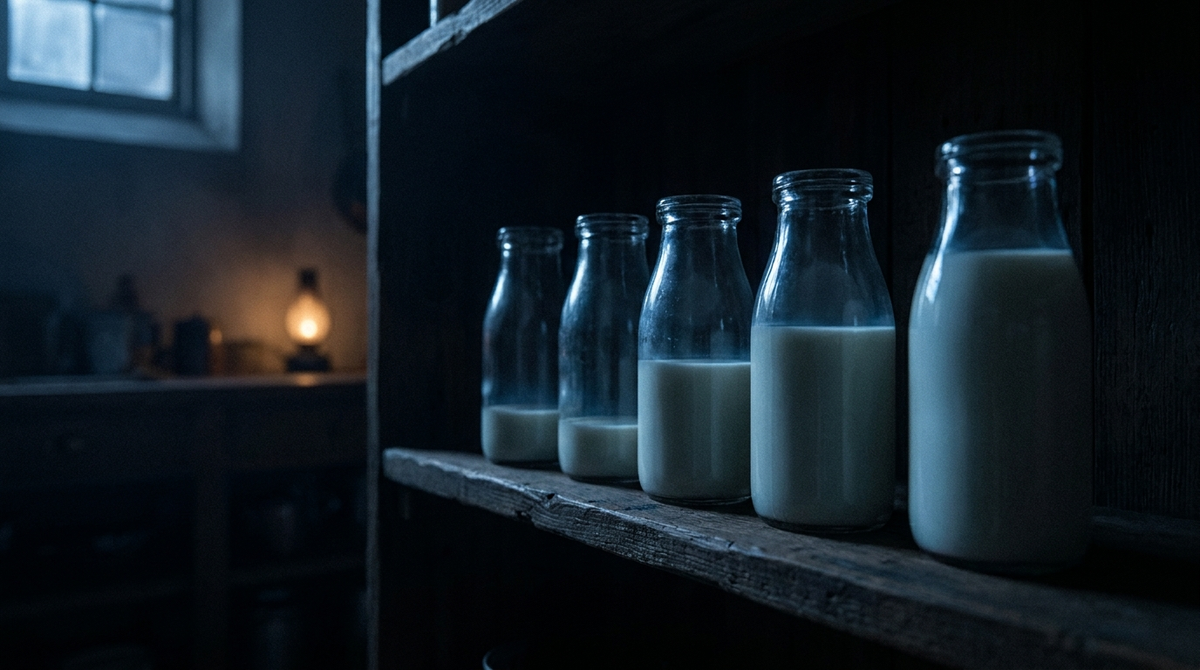 Row of five glass milk bottles filled to different levels on a dark pantry shelf, a metaphor for how many hours of sleep you need