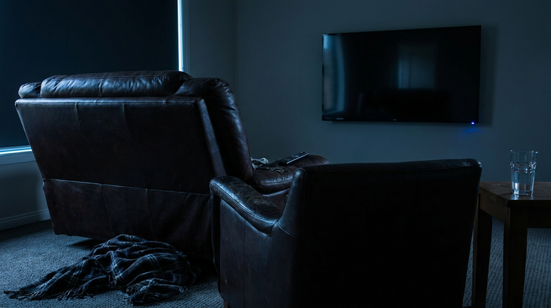 Empty recliner facing a dark TV with a blue standby light, illustrating the habit of sleeping with the TV on
