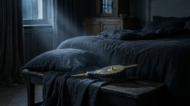 Antique brass fireplace bellows resting still on a dim bedroom bench at night, a metaphor for mouth taping for sleep and nose breathing