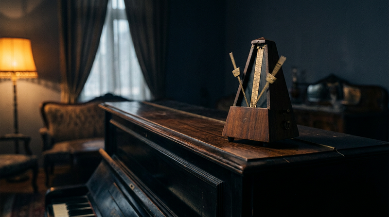 Antique wooden metronome swinging slowly on a piano in a dark room, illustrating 4-7-8 breathing for sleep