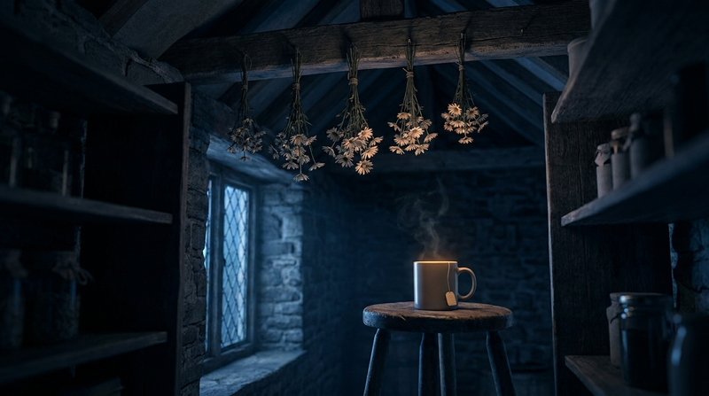 Chamomile tea for sleep: a steaming mug on a stool beneath dried chamomile bundles in a moonlit pantry