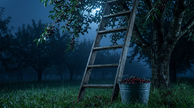Moonlit cherry orchard at night with a wooden ladder and pail of dark tart cherries, illustrating tart cherry juice for sleep
