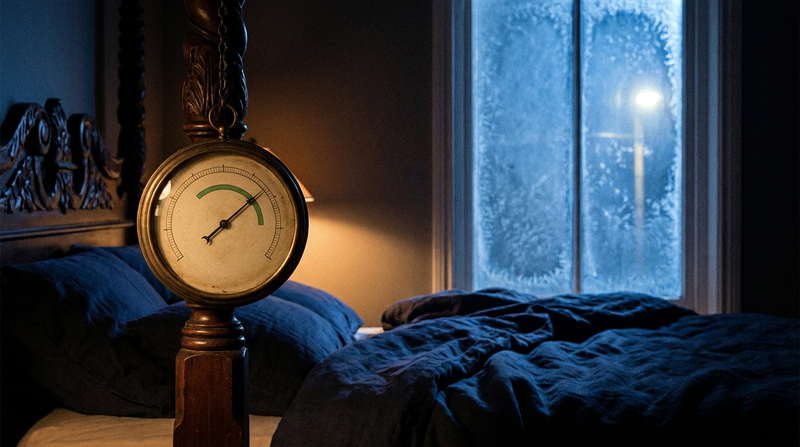 Brass room thermometer on a bedpost beside a frosted window, illustrating the best temperature for sleep