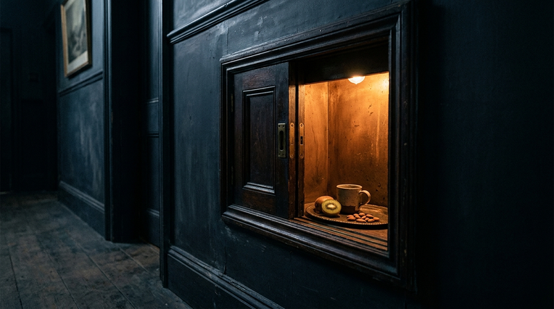 Open dumbwaiter hatch glowing in a dark hallway holding kiwi, almonds and a mug: best foods to eat before bed