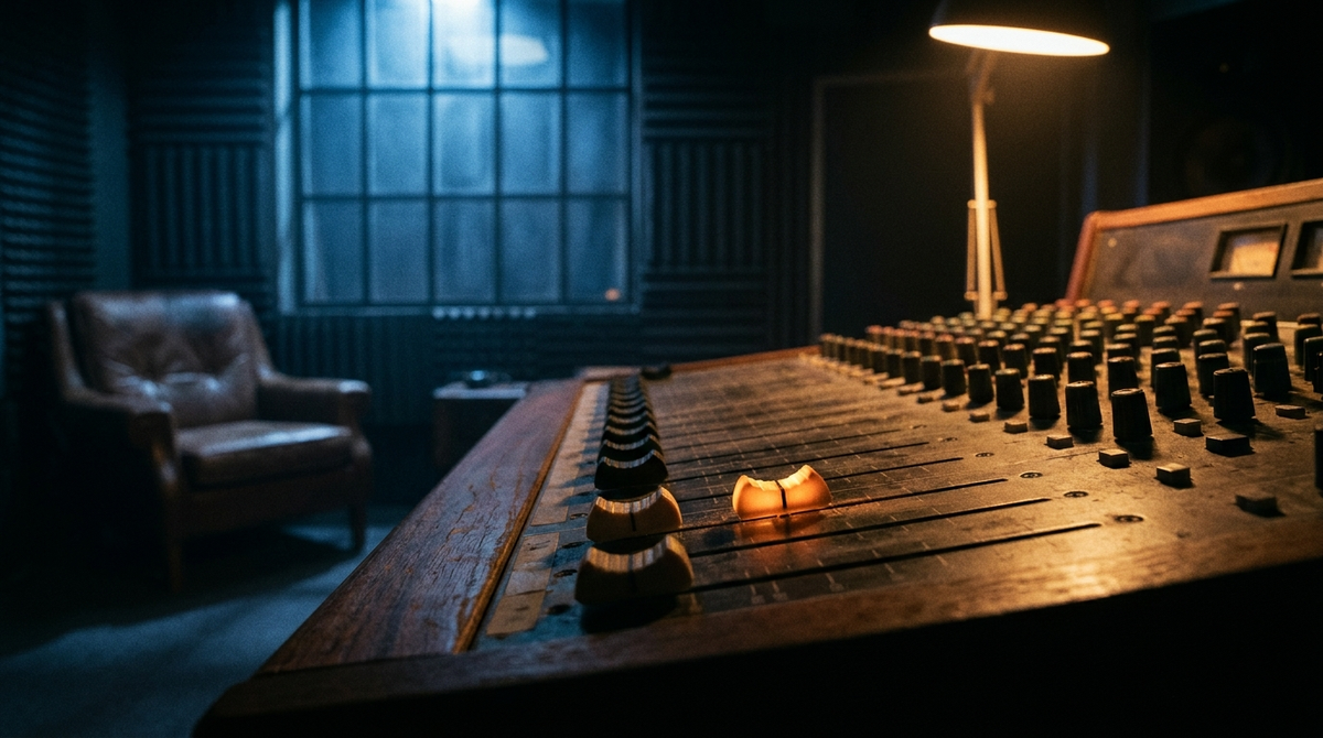 Vintage mixing console in a dark studio with two faders raised, representing taking CBD and melatonin together