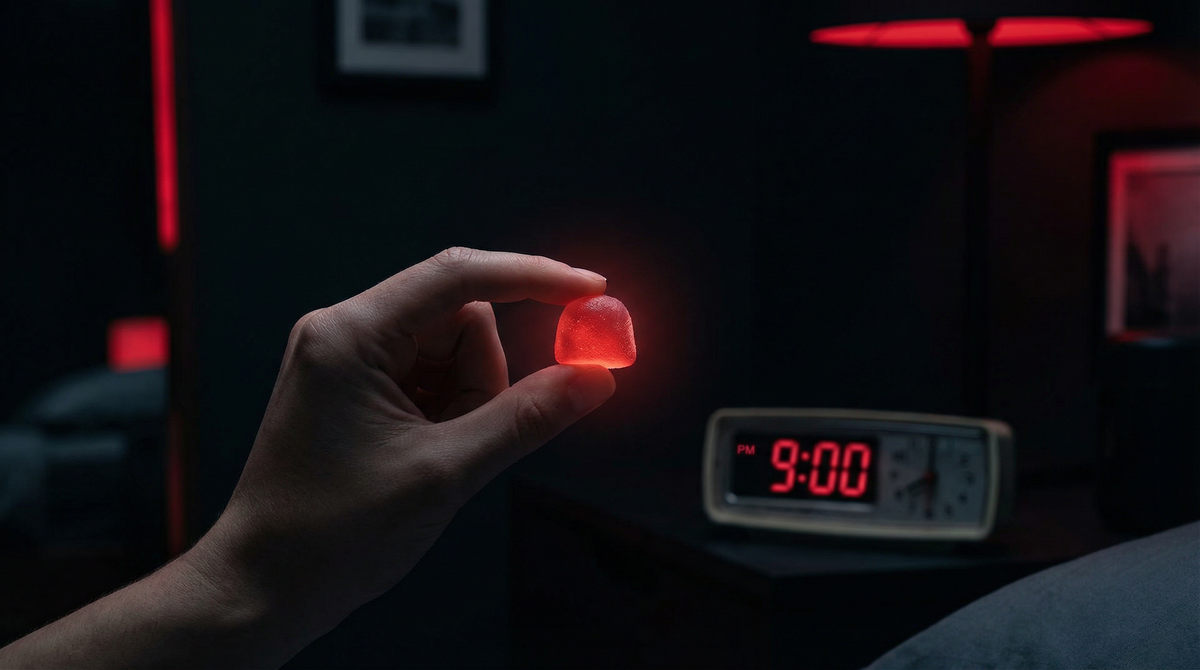 Hourglass and CBD gummy on a dark nightstand — how long does CBD take to work for sleep