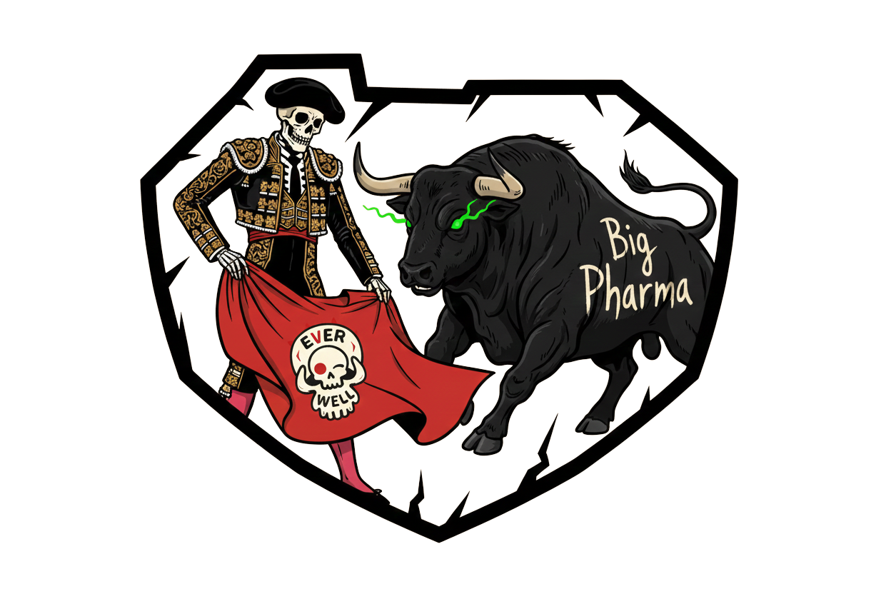 Everwell mascot fighting personified Big Pharma symbols, promoting natural supplement alternatives and transparent wellness ingredients.