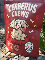 Cerberus Chews bag close-up with Everwell skull logo