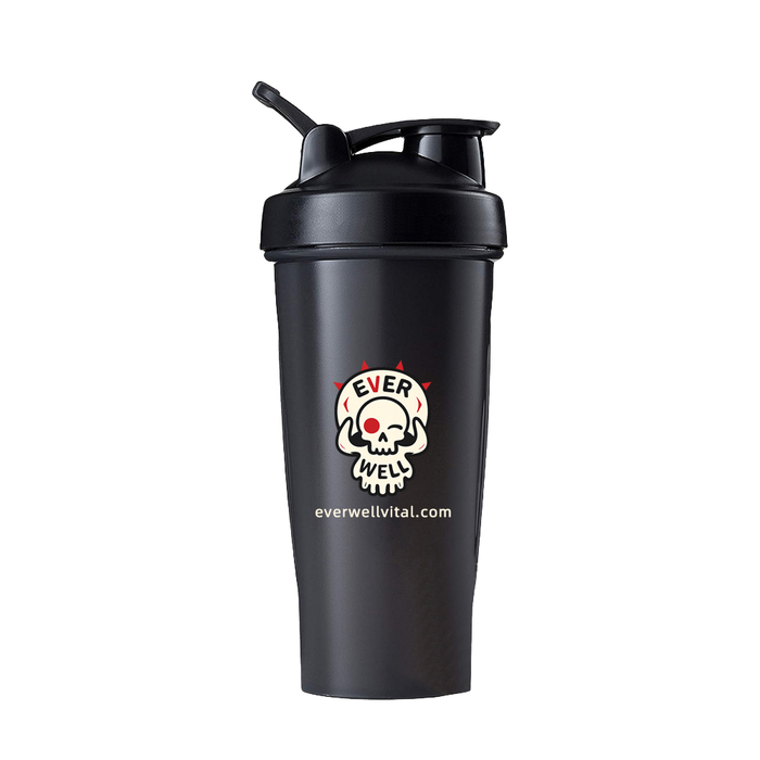 Everwell skull shaker bottle, black with flip cap, on white