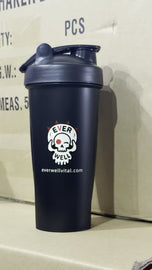Everwell skull shaker bottle, black with flip cap, close-up on the shipping box it arrived in