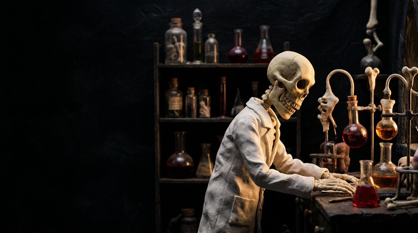 Everwell skeleton scientist in the lab